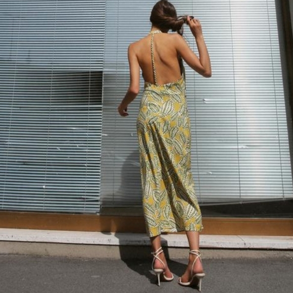 Zara Linen Blend Leaf Pattern Midi Dress Size Large Green, Yellow & Cream - Picture 3 of 14